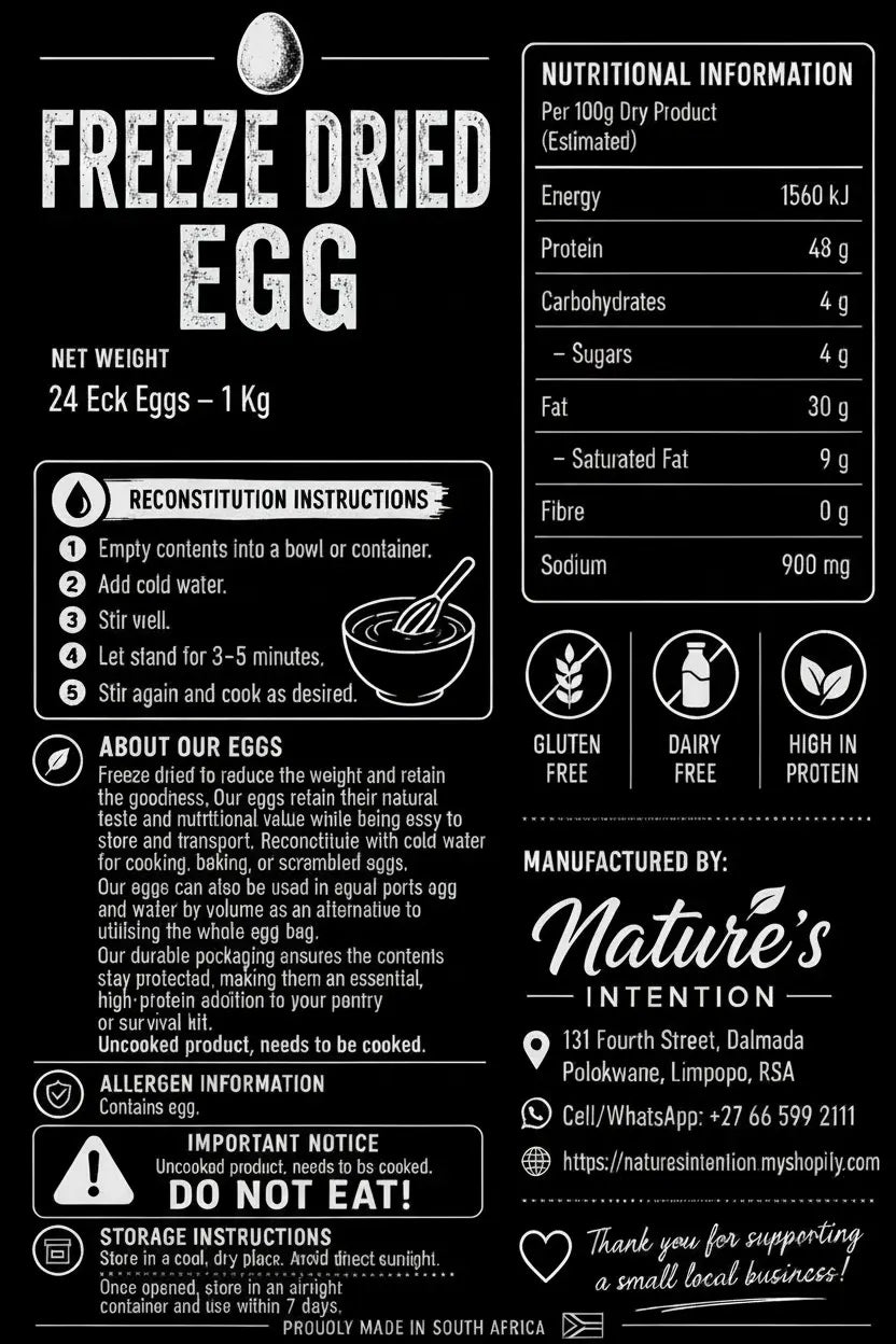 Label for freeze-dried eggs with nutritional information, reconstitution instructions, and branding details.