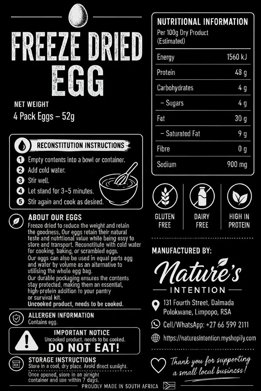 Label for freeze-dried eggs with nutritional information, reconstitution instructions, and branding details.