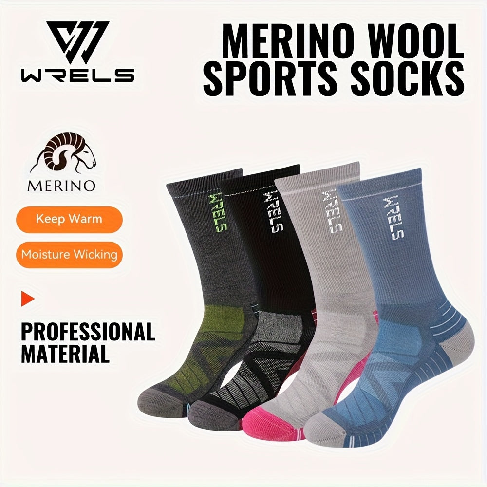 WRELS Wool Hiking Socks, High-Ankle Outdoor Sports Socks with Terry Sole & Reinforced Stitching, Breathable Wool for Running Cycling Yoga, 1 Pair, 4 Colors /Striped, Suitable for Fitness Basketball Football Wear