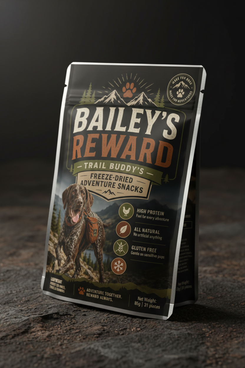 Bailey's Reward freeze-dried adventure snacks packaging on a dark background
