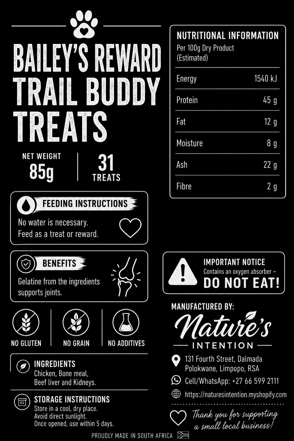 Bailey's Reward Trail Buddy Treats packaging with nutritional information, feeding instructions, and product details.