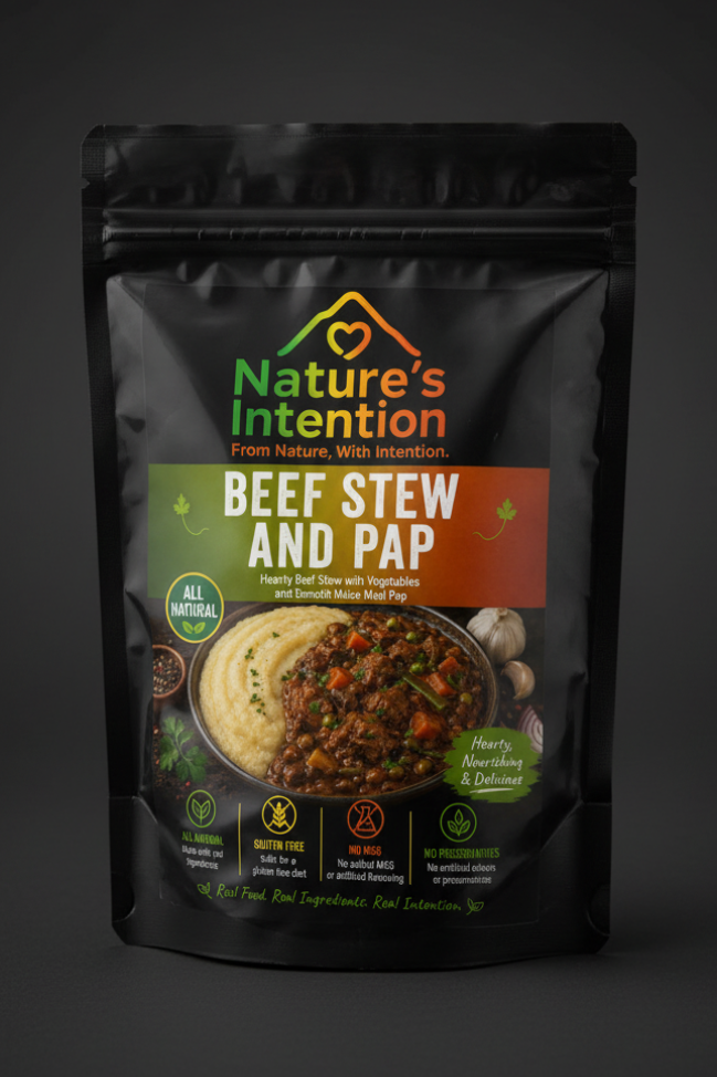 A product label or packaging design for a beef stew and pap side dish. The top features the brand name 'Nature's Intention' with a green-to-orange gradient logo.