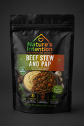 A product label or packaging design for a beef stew and pap side dish. The top features the brand name 'Nature's Intention' with a green-to-orange gradient logo.