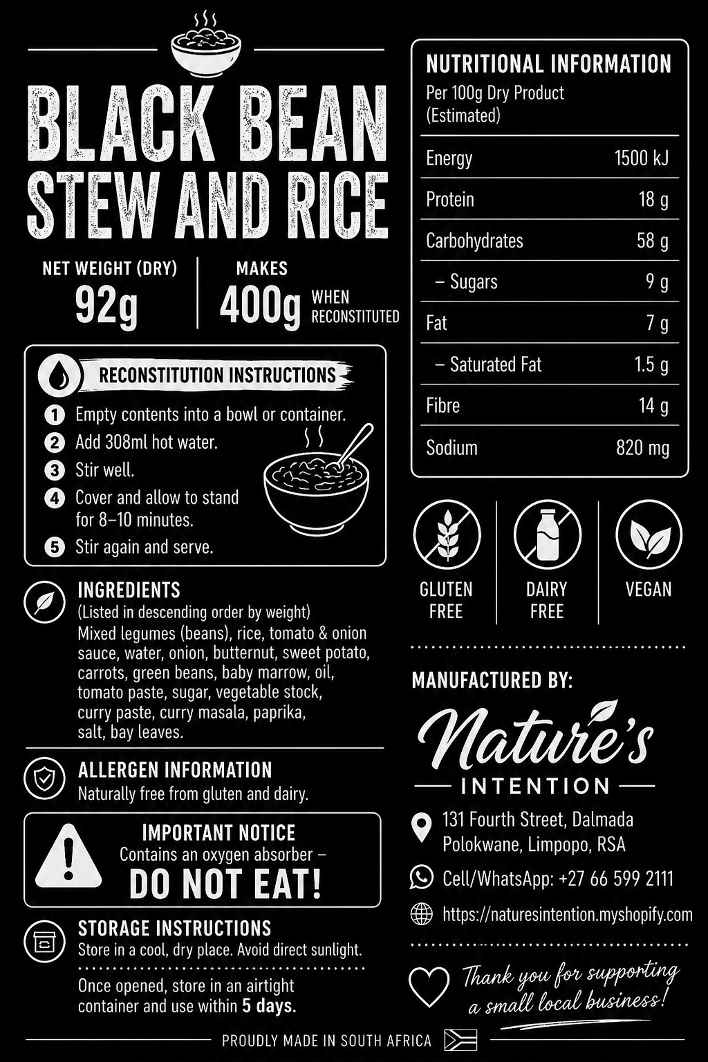 Blackbean Stew - Ready to eat Hiking Meal pack