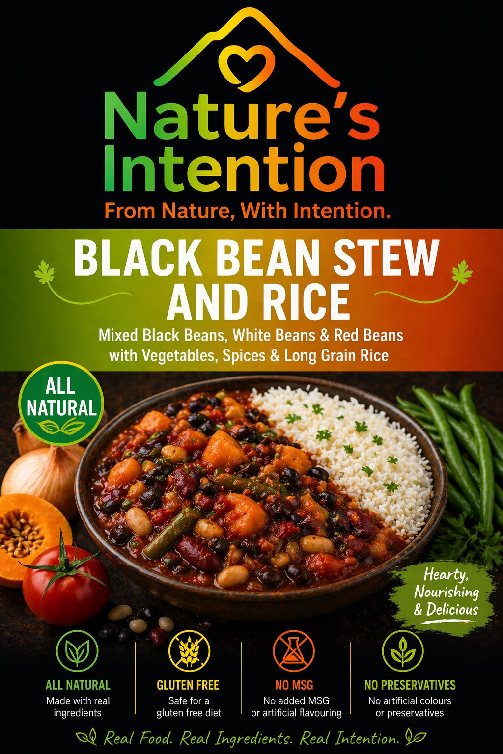 Nature's Intention Black Bean Stew and Rice package with a bowl of stew and rice on a black background.