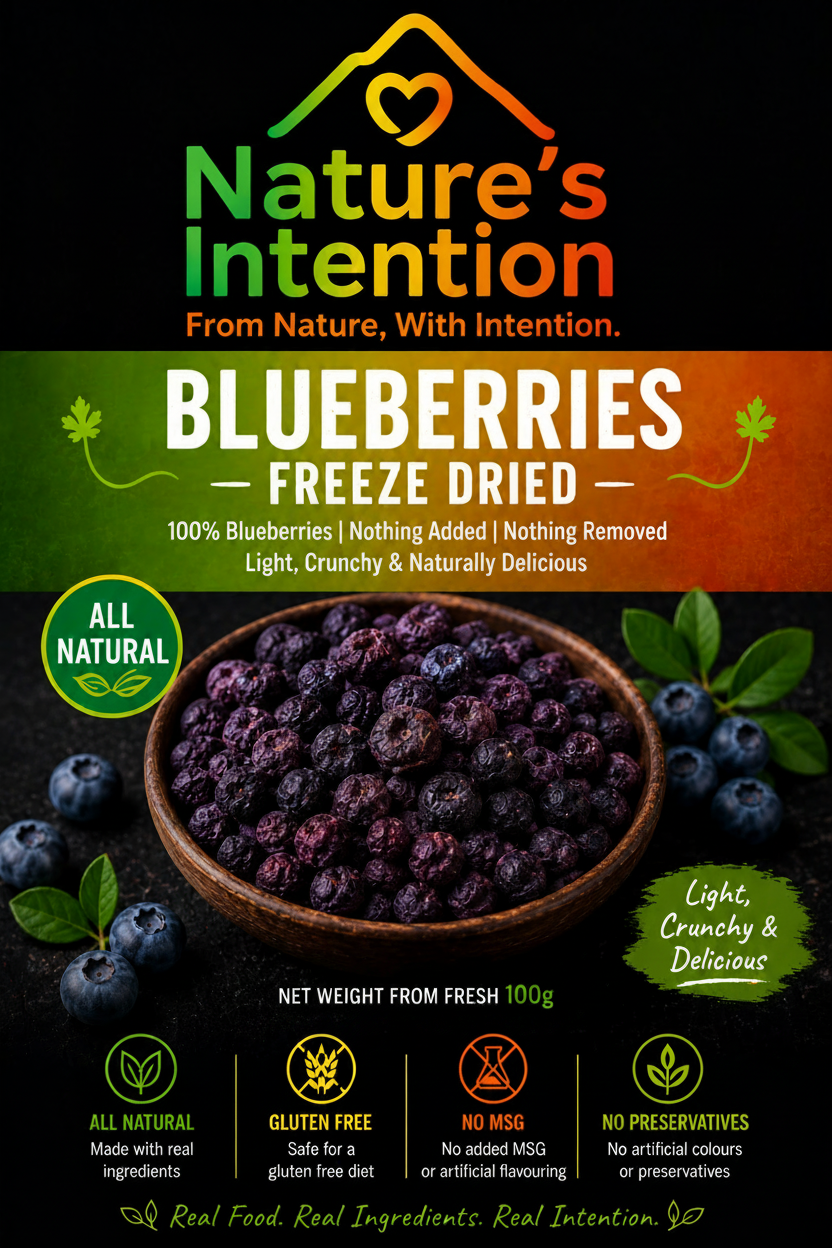 Nature's Intention freeze-dried blueberries packaging with a bowl of blueberries on a dark background.