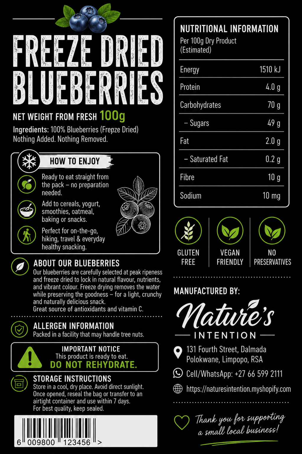 Label of freeze-dried blueberries with nutritional information, ingredients, and manufacturing details.
