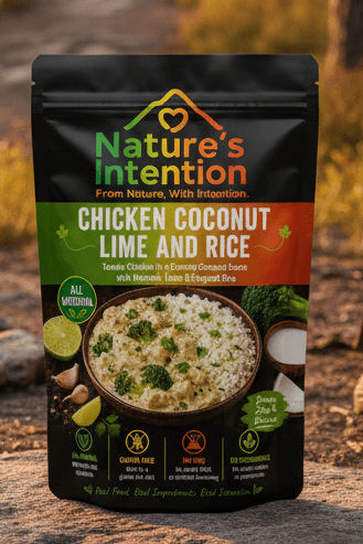 Chicken Coconut Lime and Rice Hiking Meal, Chicken Coconut Lime Rice Freeze Dried Chicken Meal,  Ready To Eat Hiking Meals, Lightweight Camping Food, Freeze Dried Rice Meals, Coconut Chicken Ready Meal, Outdoor Adventure Meals, Long Shelf Life Meals, Glut