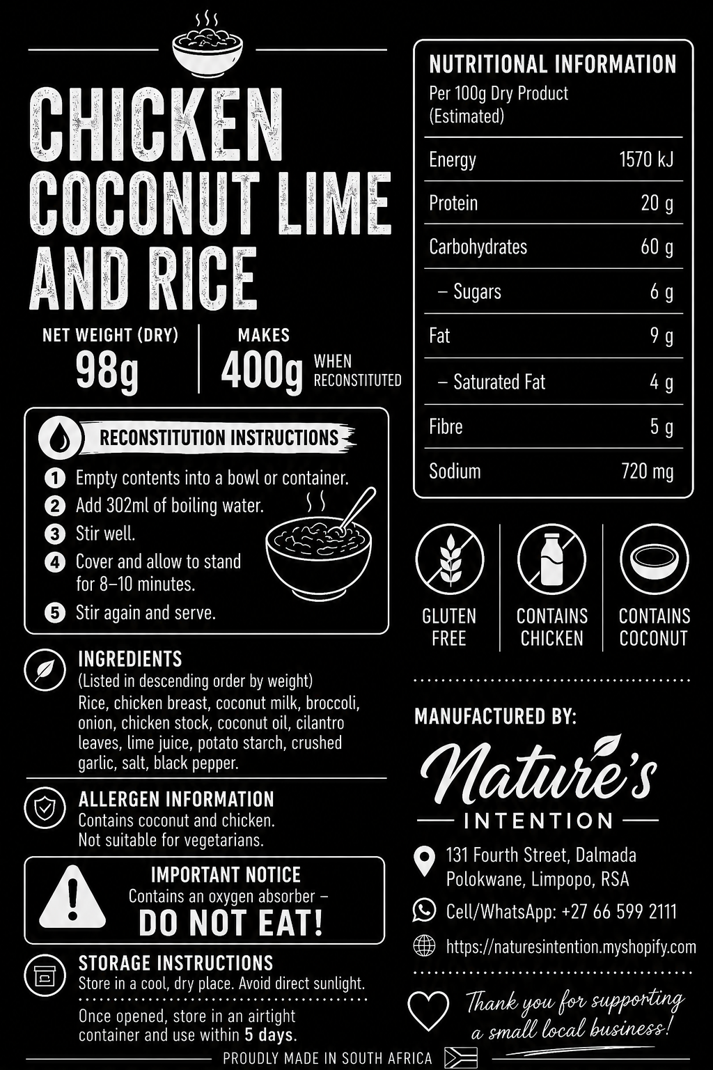 Nutritional information and reconstitution instructions for a chicken coconut lime and rice product on a black background.