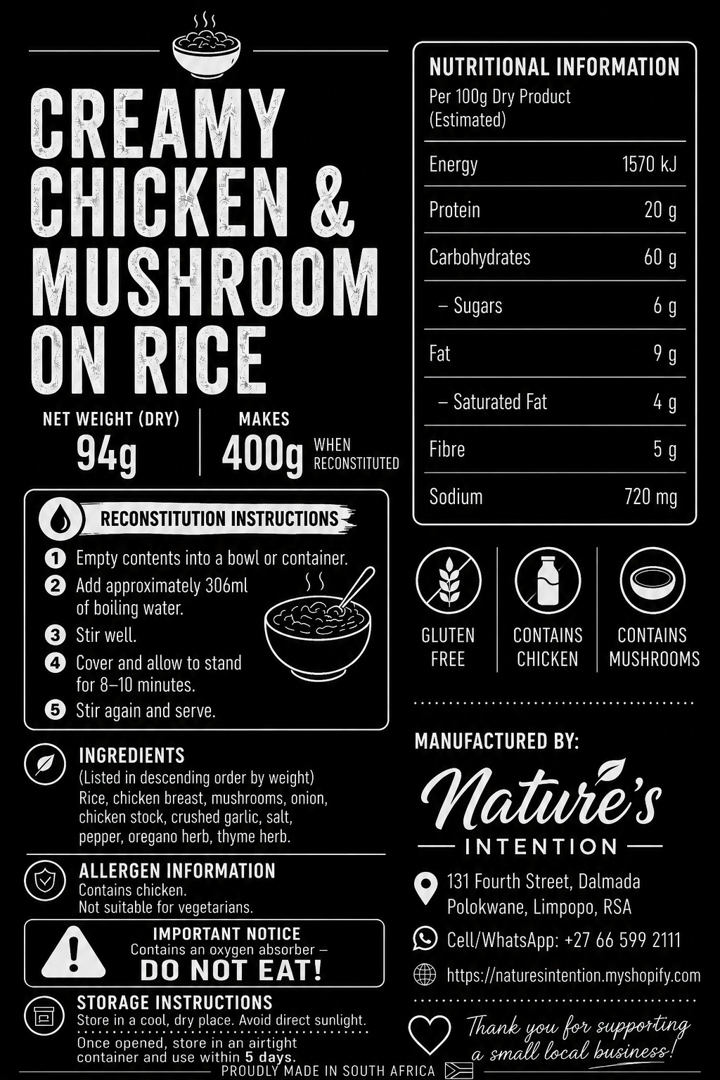 Nutritional label and reconstitution instructions for creamy chicken and mushroom on rice from Nature's Intention.