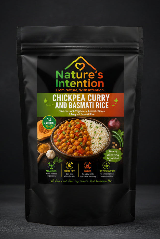 Nature's Intention Chickpea Curry and Basmati Rice packaging with a bowl of curry and rice.