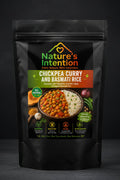 Nature's Intention Chickpea Curry and Basmati Rice packaging with a bowl of curry and rice.