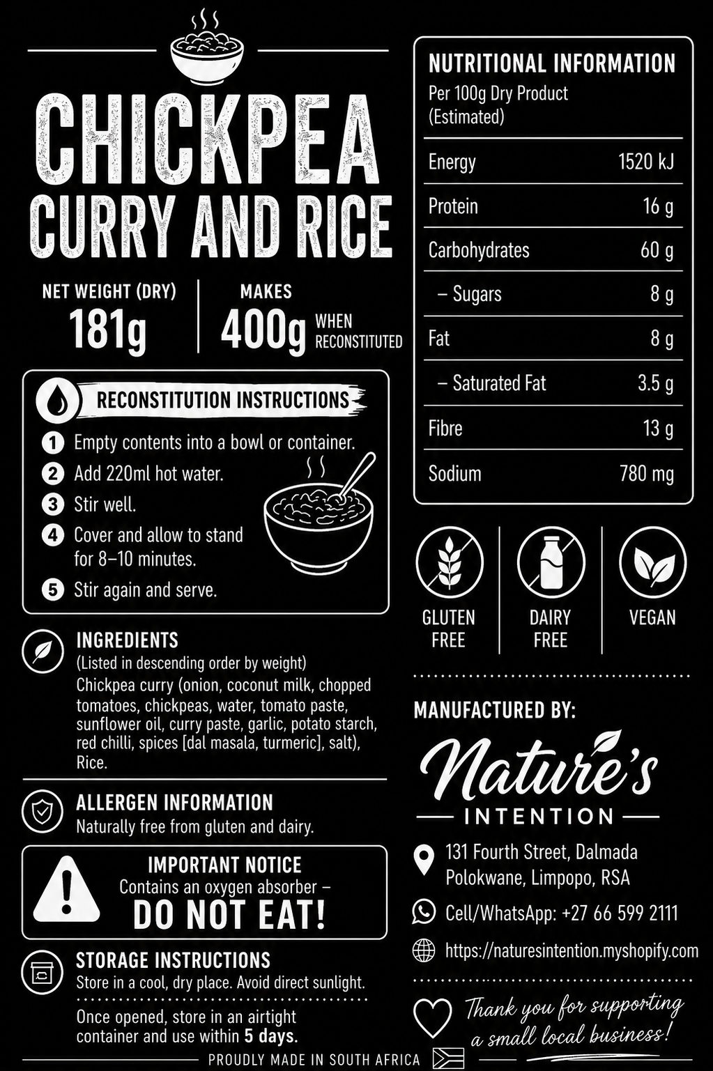 Nutritional information and reconstitution instructions for Chickpea Curry and Rice packaging on a black background.