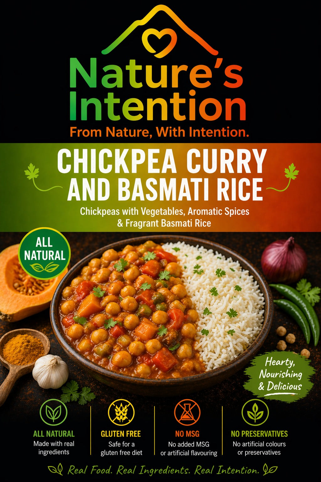 Nature's Intention Chickpea Curry and Basmati Rice packaging with a bowl of curry and rice.