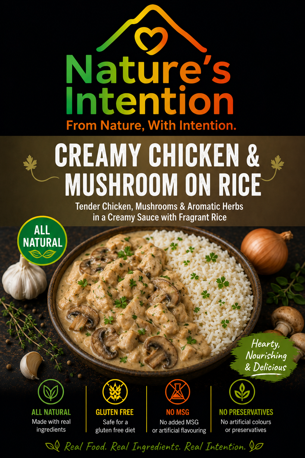Nature's Intention creamy chicken and mushroom on rice packaging with ingredients and health benefits.