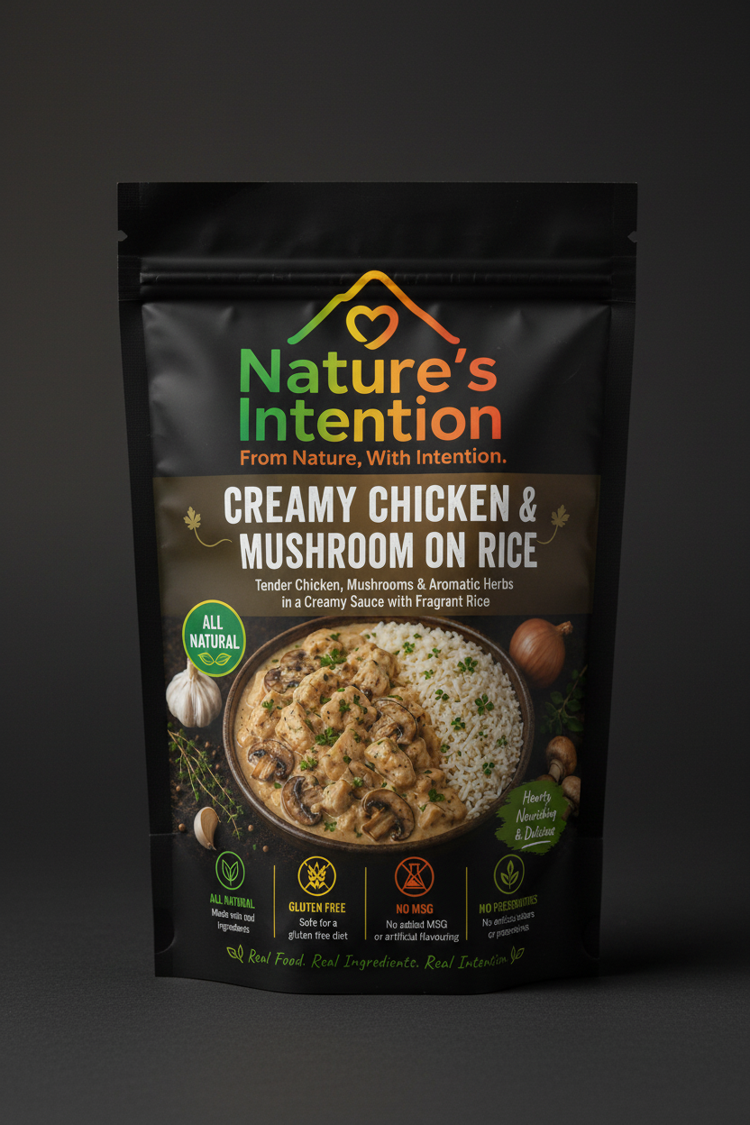 Nature's Intention creamy chicken and mushroom on rice packaging with ingredients and health benefits.