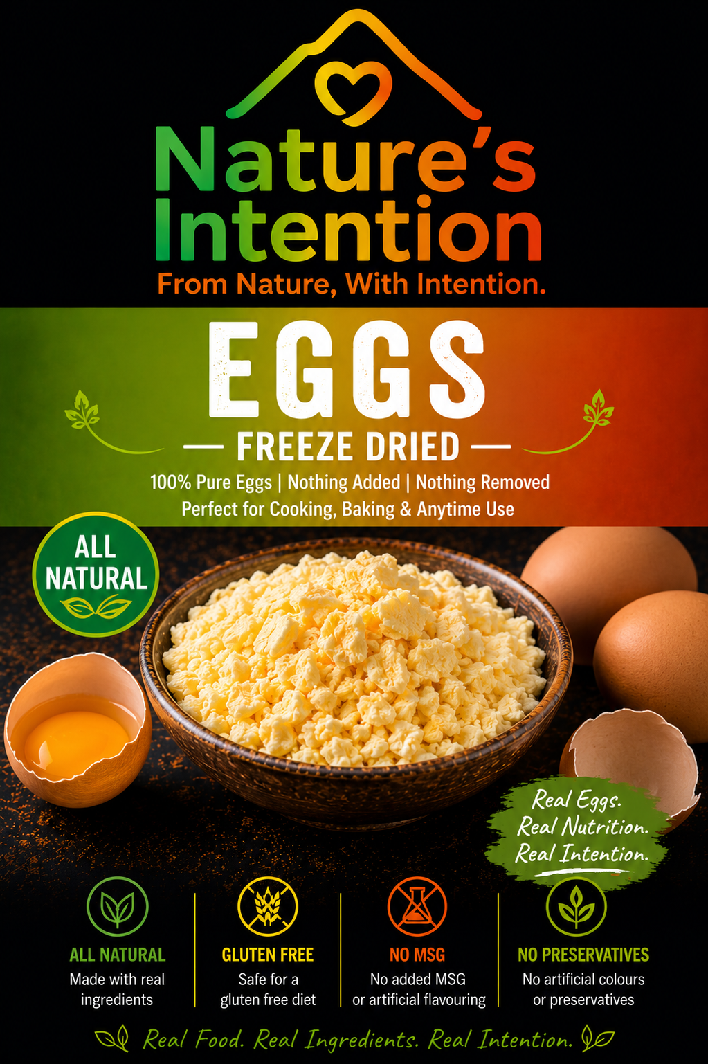 Nature's Intention freeze-dried eggs packaging with text and images of eggs and egg powder.