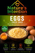 Nature's Intention freeze-dried eggs packaging with text and images of eggs and egg powder.