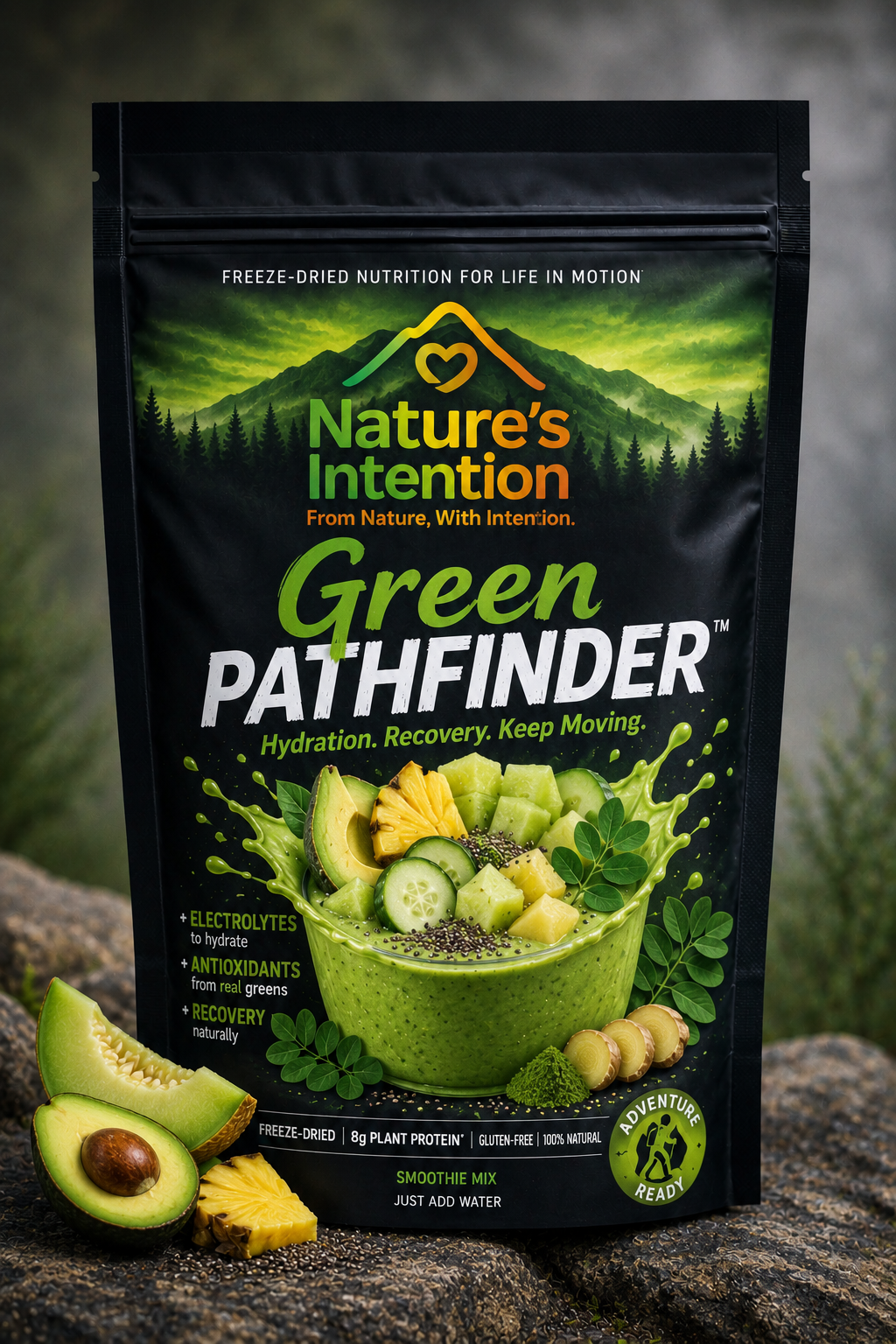 Nature's Intention Green Pathfinder package with green smoothie and ingredients on a dark background