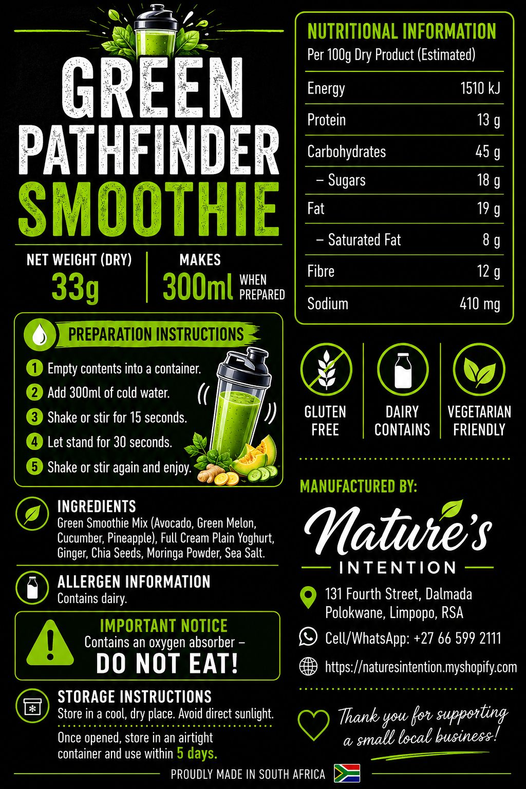 Nutritional information and preparation instructions for a Green Pathfinder Smoothie.