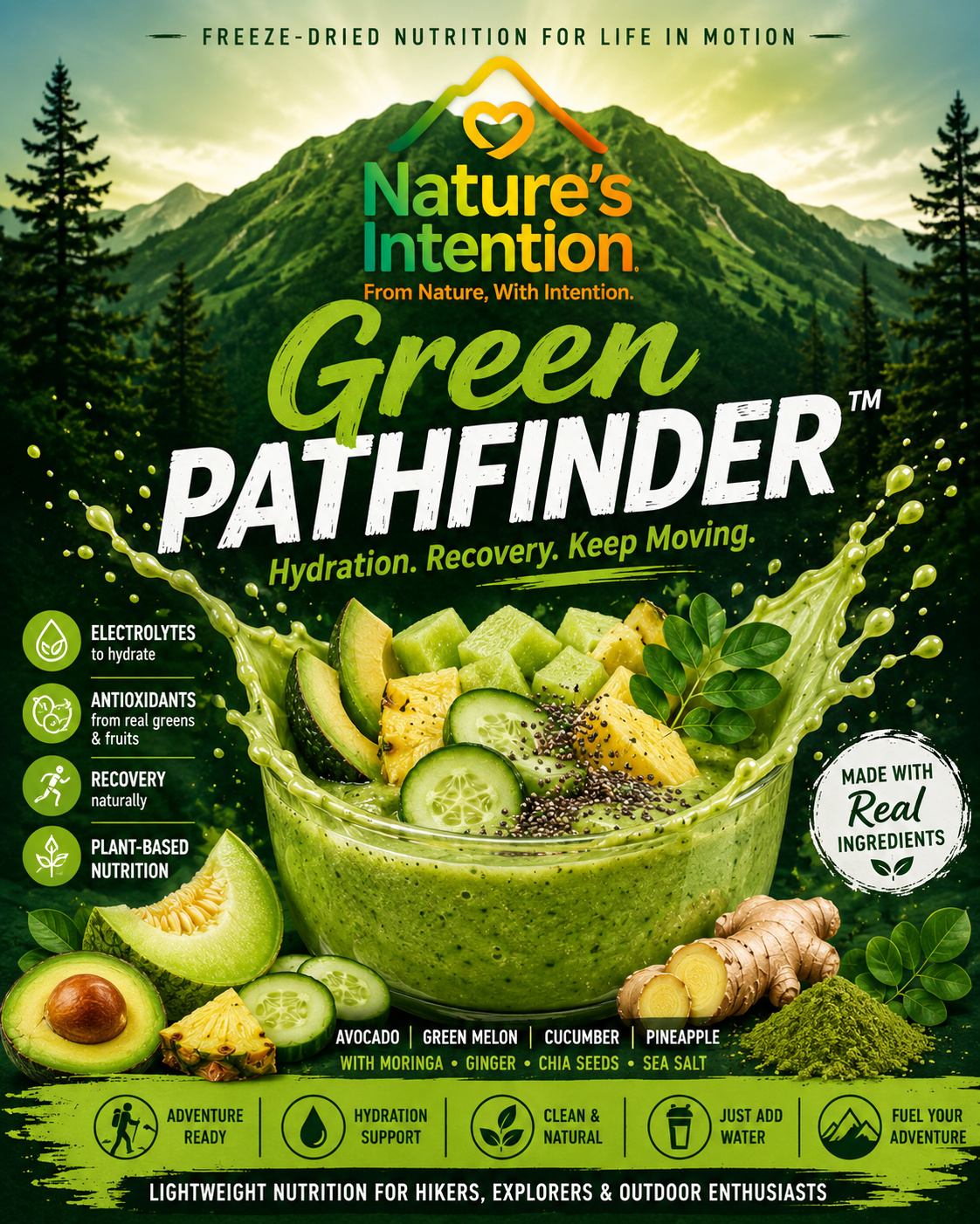 Nature's Intention Green Pathfinder packaging with green smoothie and ingredients on a mountain background