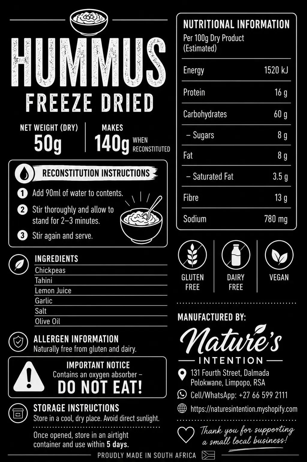 Hummus freeze-dried package with nutritional information and reconstitution instructions on a black background.