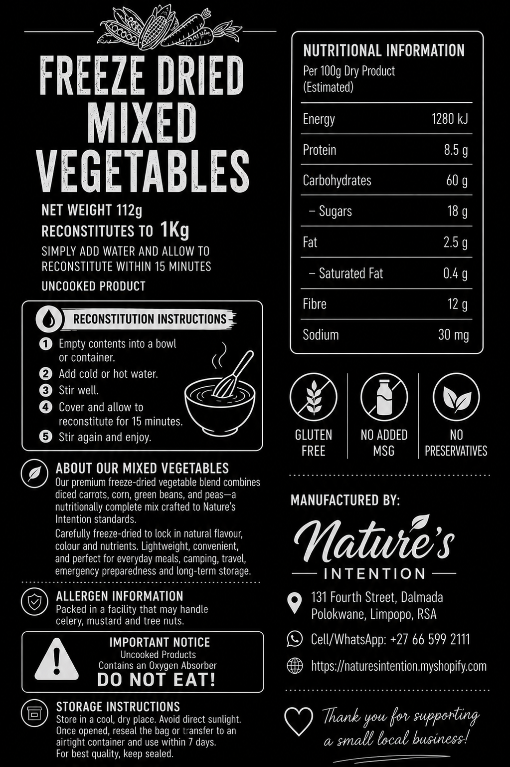 Mixed Vegetables 1Kg -Freeze Dried