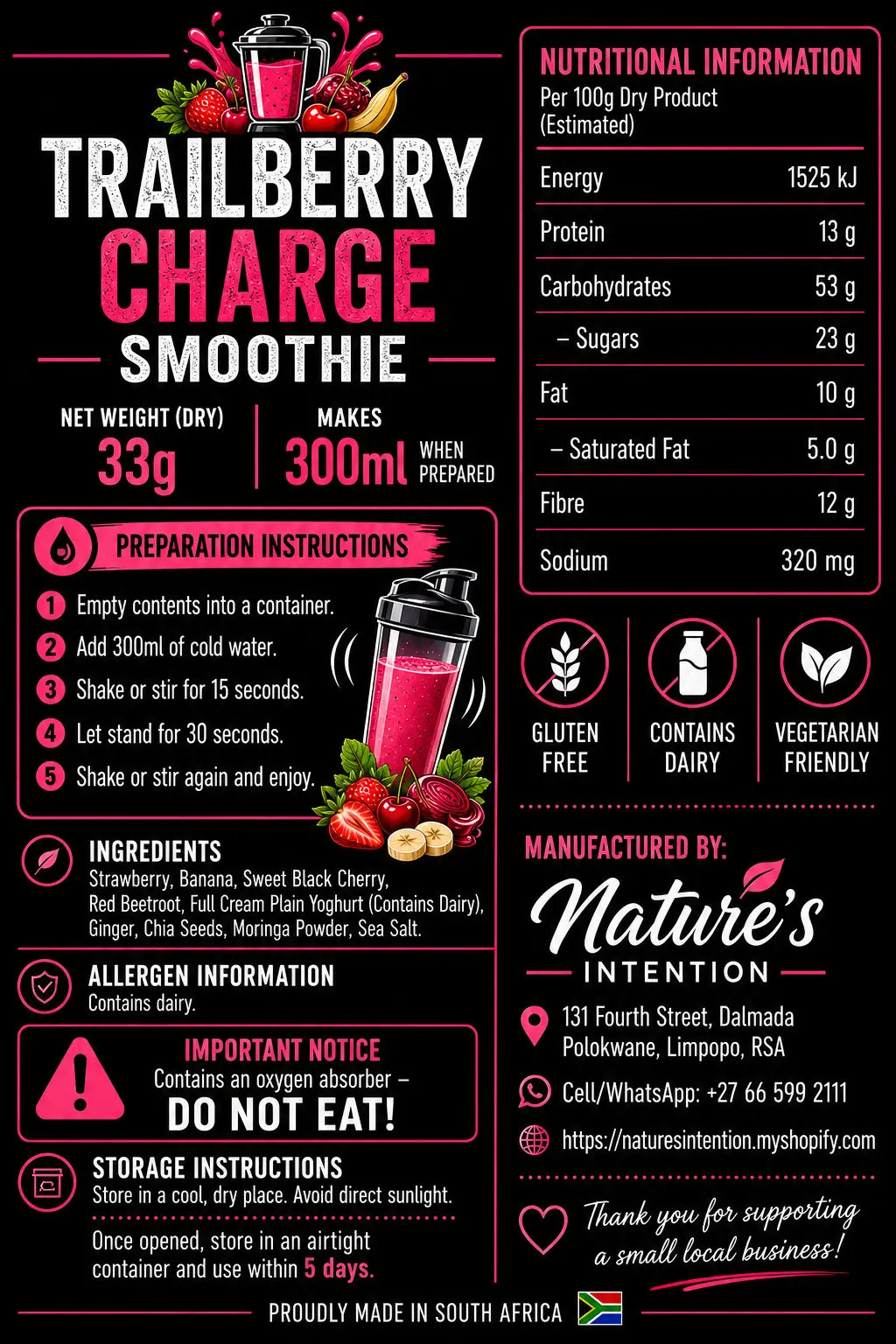 Trailberry Charge Smoothie packaging with nutritional information, preparation instructions, and branding details.