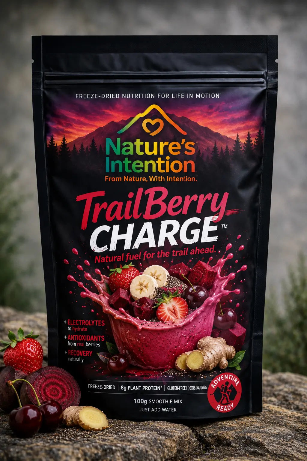 Nature's Intention TrailBerry Charge package with a mountain and sunset design on a natural background.