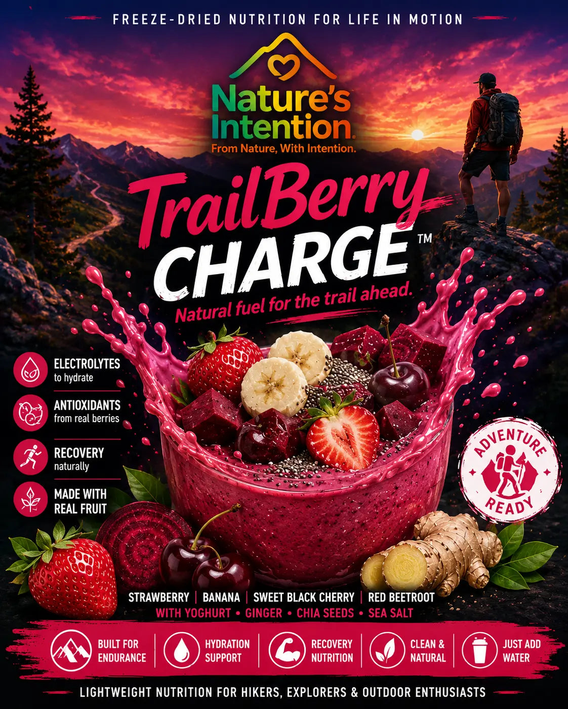 Nature's Intention TrailBerry Charge packaging with a mountain and person in the background