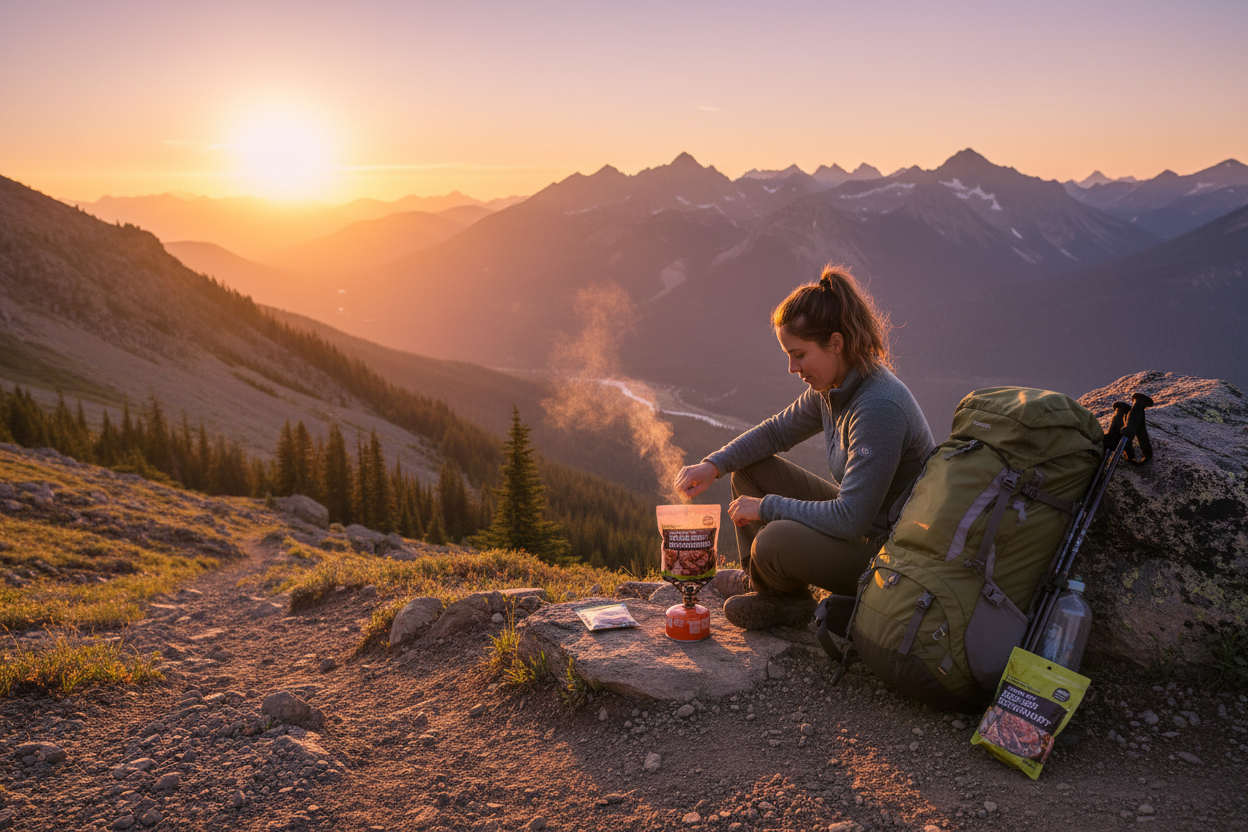 Hiker preparing freeze-dried meal on mountain trail