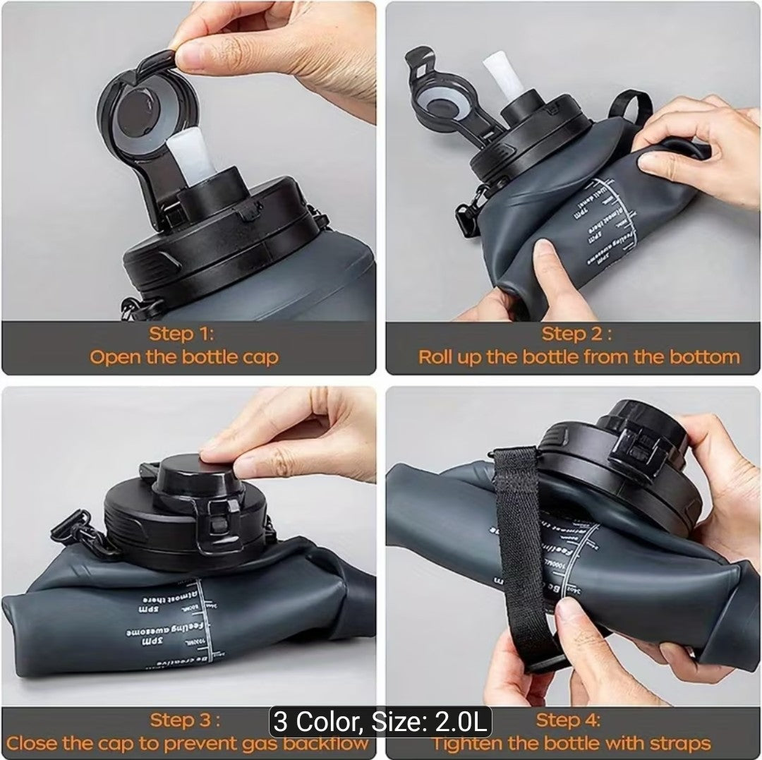 2L Water Bottle - Foldable Silicon, Collapsible water bottle - with straw